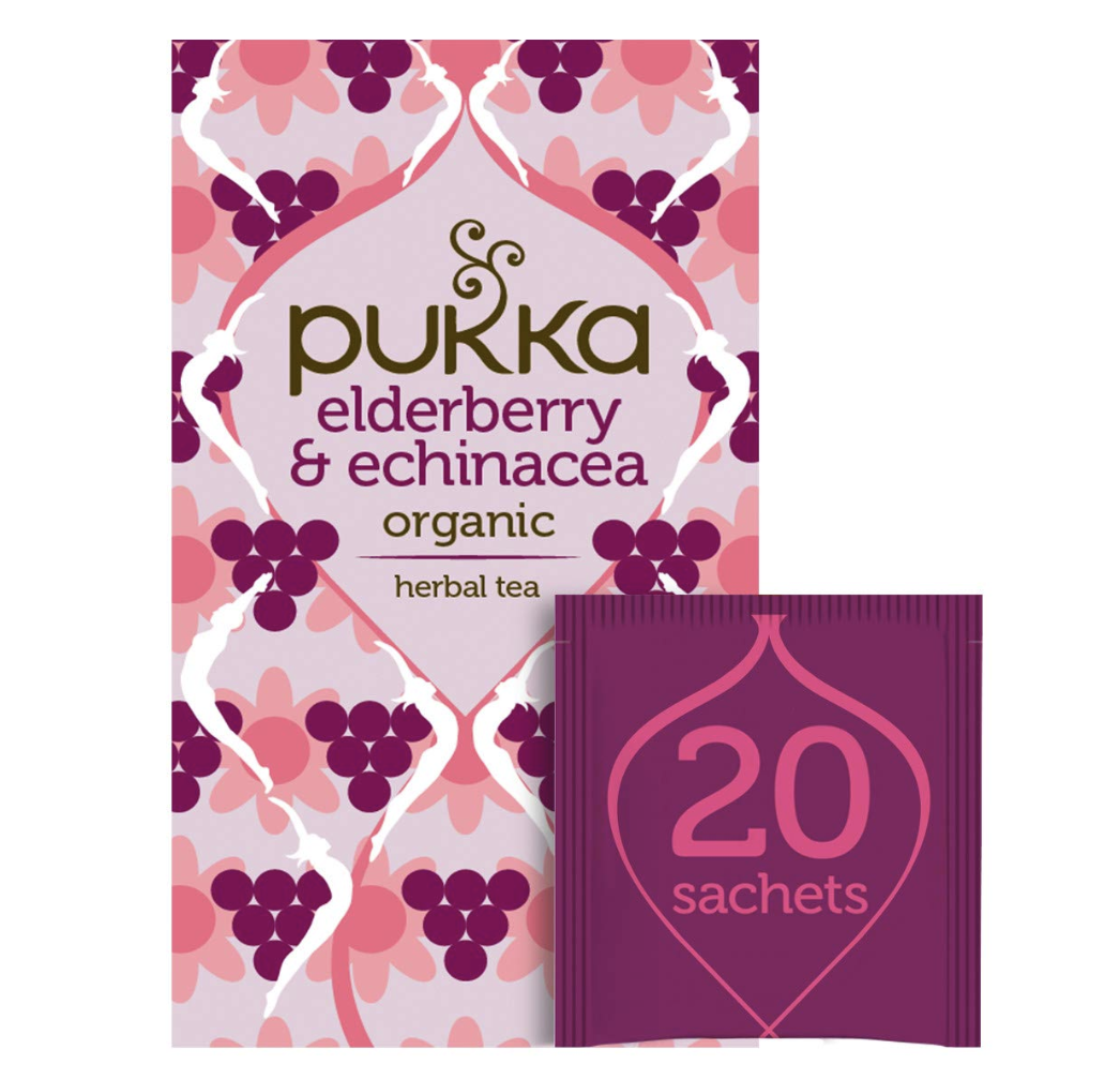 Pukka Elderberry & Echinacea Herbal Tea, one of the best teas for a sore throat